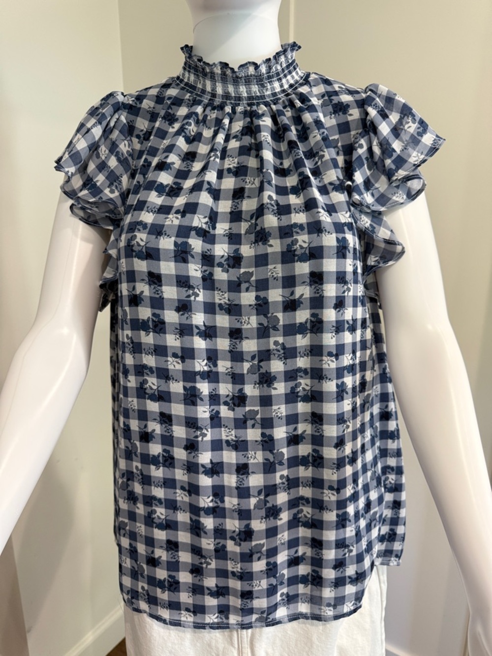 High-Neck Gingham Ruffle Sleeve Blouse - Blue/White